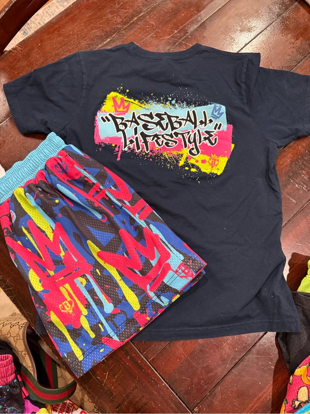 Baseball 101 Graphic Tee & Multicolor Graffiti Shorts Set